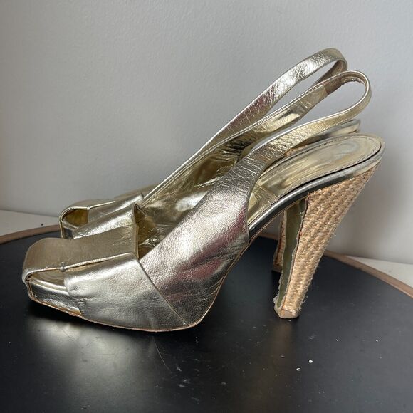 Yves Saint Laurent YSL Square Toe Gold Slingback High Heel Size 38 7.5 US - Picture 5 of 13